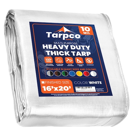 Tarpco Safety Heavy Duty Tarp, 20 ft L x 0.5 mm H x 16 ft W, 10 Mil, White, Polyethylene TS-154-16X20